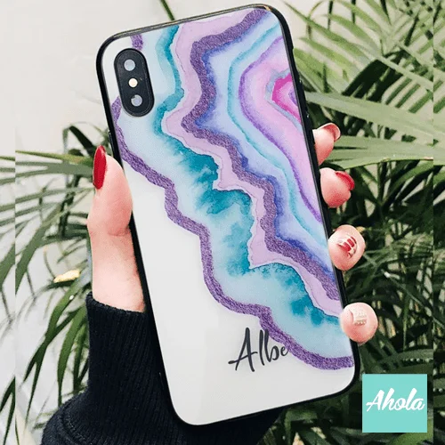 【Agate Stone】Black bumper tempered glass phone Case 瑪瑙石黑色全包邊玻璃名字電話殼