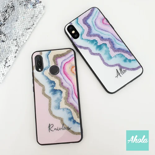 【Agate Stone】Black bumper tempered glass phone Case 瑪瑙石黑色全包邊玻璃名字電話殼