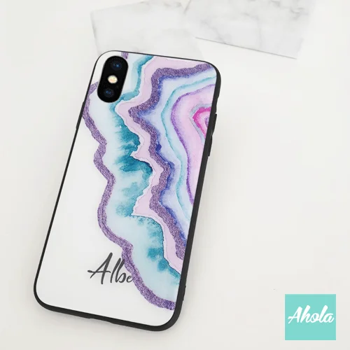 【Agate Stone】Black bumper tempered glass phone Case 瑪瑙石黑色全包邊玻璃名字電話殼