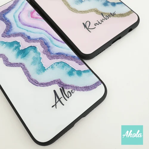 【Agate Stone】Black bumper tempered glass phone Case 瑪瑙石黑色全包邊玻璃名字電話殼