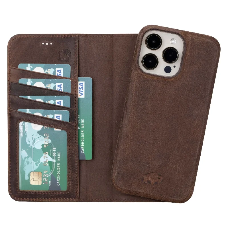 Burkley iPhone 14 Pro Max Wallet Case, Distressed Coffee