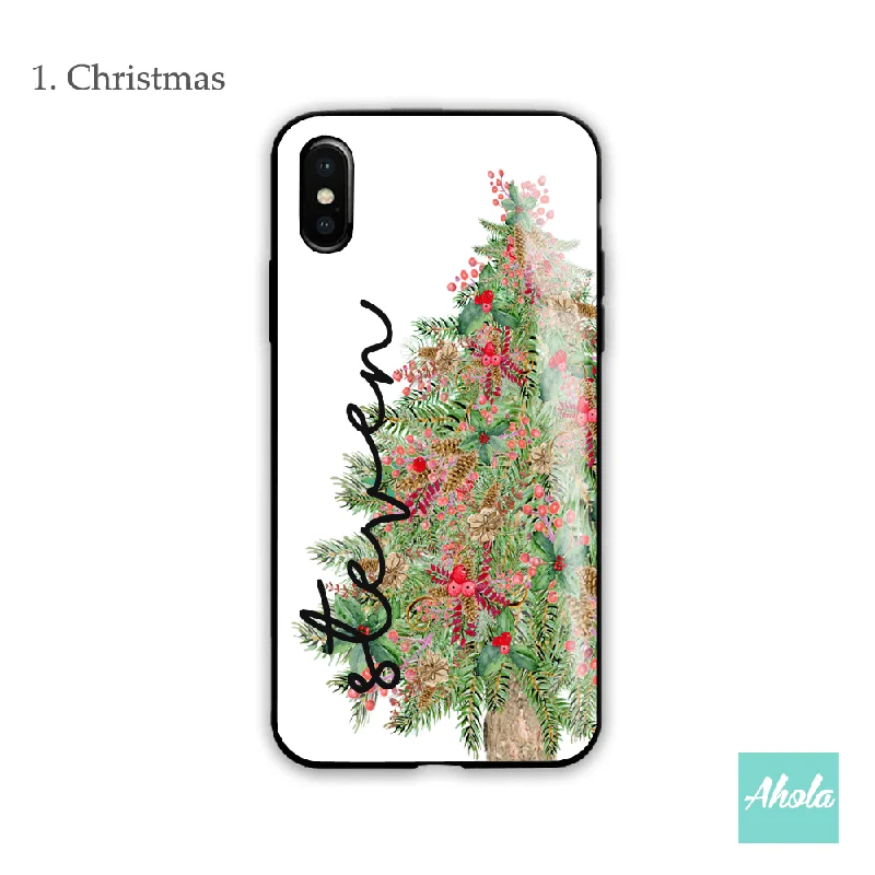 【Christmas】Black bumper tempered glass phone Case 聖誕圖全包邊玻璃名字電話殼