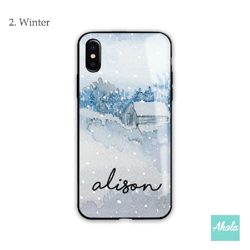 【Christmas】Black bumper tempered glass phone Case 聖誕圖全包邊玻璃名字電話殼