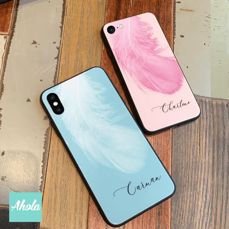 【Feather】Black bumper tempered glass phone Case 羽毛全包邊玻璃名字電話殼