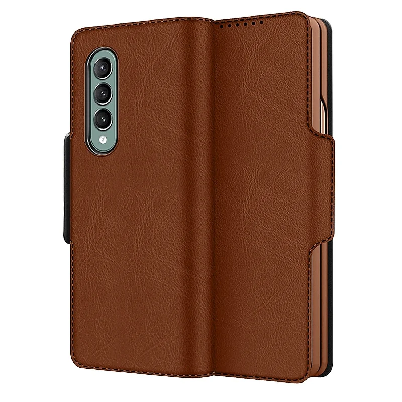 Brown Leather Folio Wallet Case - Samsung Galaxy Z Fold3 and Fold3 5G