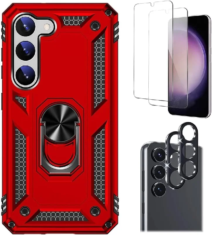 Bundle: Red Military Kickstand Series with Belt Clip Case with Tempered Glass Screen and Camera Protector - Samsung Galaxy S23